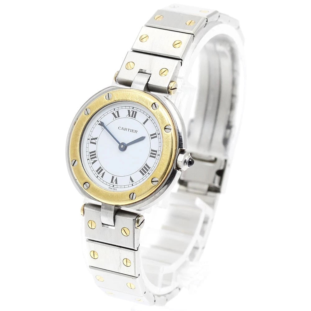 CARTIER SANTOS ROUND SM YG BEZEL WHITE DIAL QUARTZ WATCH: CARTIER Santos Round SM YG Bezel White Dial Quartz Watch Brand: CARTIER Type/Style: Wristwatch Material: Band Material Stainless Steel/YG, Case Material Stainless Steel/YG Color: Band Color Silver / G