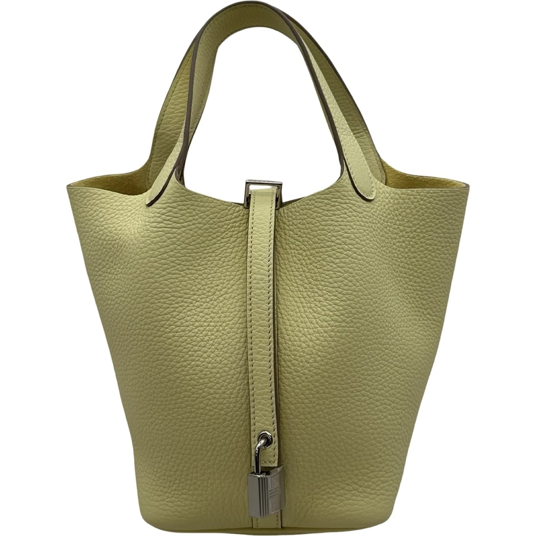 HERMES PICOTAN LOCK PM HANDBAG: HERMES Picotan Lock PM Handbag Brand: HERMES Type/Style: Handbag Material: Taurillon Clemence Color: Jaune Milton SilverHardware Size: W7.3 x H7.3 x D5.1inch Accessories: None Accessories