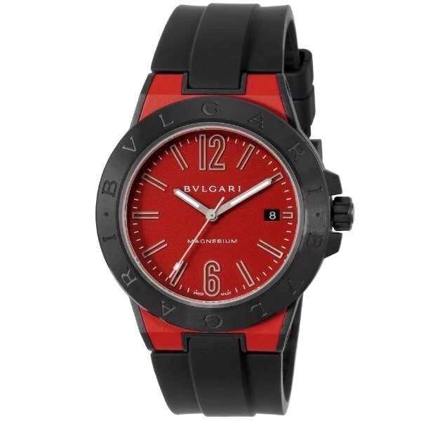 BVLGARI DIAGONO MAGNESIUM RED WATCH: BVLGARI Diagono Magnesium Red Watch Brand: Bvlgari Type/Style: Wristwatch Material: Band material Rubber Color: Case Color Dial Color Red Size: [Case size] Height 41 x width 41 x thickness 10mm