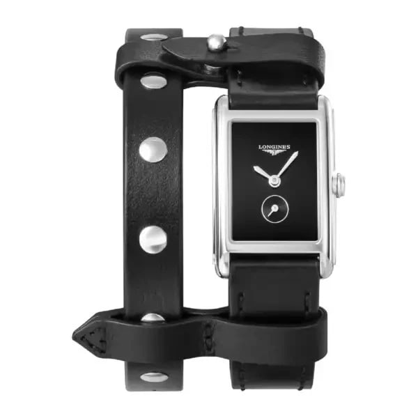 LONGINES DOLCEVITA BLACK WATCH: Longines Dolcevita Black Watch Brand: Longines Type/Style: Wristwatch Material: Case: Stainless Steel Color: Case Color [Band Color] Black Size: [Case Size] 25mm x 21mm x 7mm Accessories: None