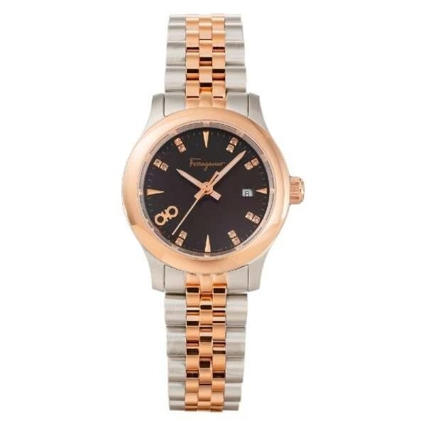 SALVATORE FERRAGAMO DUO BROWN WATCH: Salvatore Ferragamo DUO Brown Watch Brand: Salvatore Ferragamo Type/Style: Wristwatch Material: Stainless steel (pink gold PVD) Color: Case Color Brown Size: ?Case