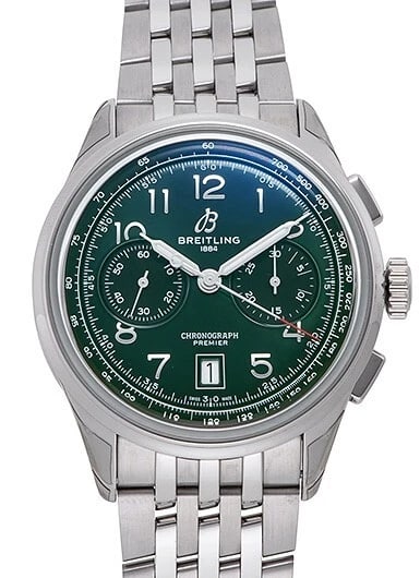BREITLING PREMIER CHRONOGRAPH GREEN WATCH: Breitling Premier Chronograph Green Watch Brand: Breitling Type/Style: Wristwatch Material: SS Color: Case Color Dial Color Green Size: Case diameter 42mm Accessories: None Accessories Not