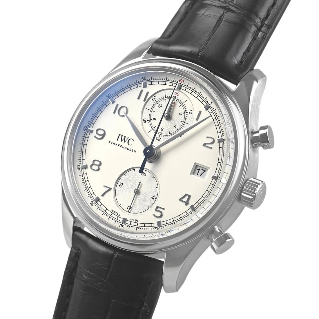 IWC PORTUGIESER CHRONOGRAPH CLASSIC WATCH: IWC Portugieser Chronograph Classic Watch Brand: IWC Type/Style: Wristwatch Material: Case Material stainless Color: Dial Color Silver Size: Case Size Case Size: 42.0mm Accessories: None A
