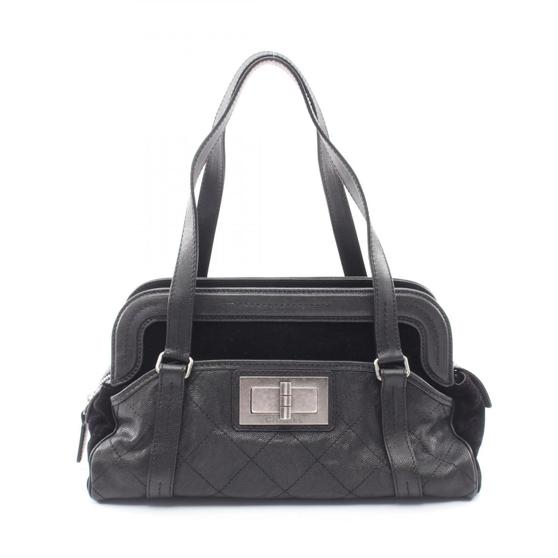 CHANEL ANTIQUE SILVER HARDWARE CHAIN SHOULDER BAG: CHANEL Antique Silver Hardware Chain Shoulder Bag Brand: CHANEL Type/Style: Shoulder Bag Material: Exterior Material Grained Calfskin leather and canvas Color: Exterior Color Black?ish colors Size: H: