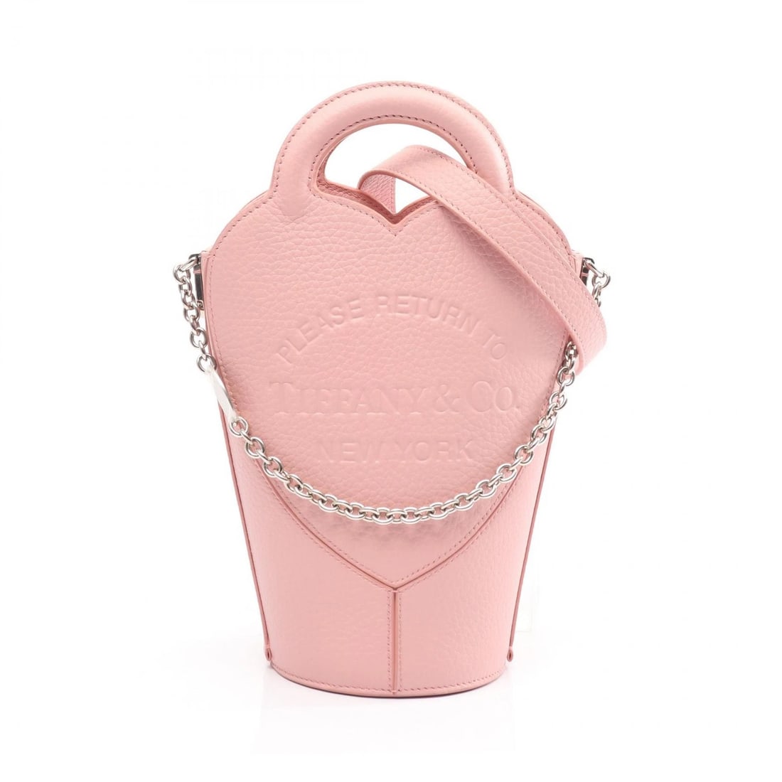TIFFANY?CO RETURN TO TIFFANY MINI CHAIN CROSSBODY HANDBAG: TIFFANY?CO Return to TIFFANY Mini Chain Crossbody Handbag Brand: TIFFANY?CO Type/Style: Handbag Material: Exterior Material leather Color: Exterior Color Pink?ish colors Size: (H:7.5" x W:3.9" x D:3.9