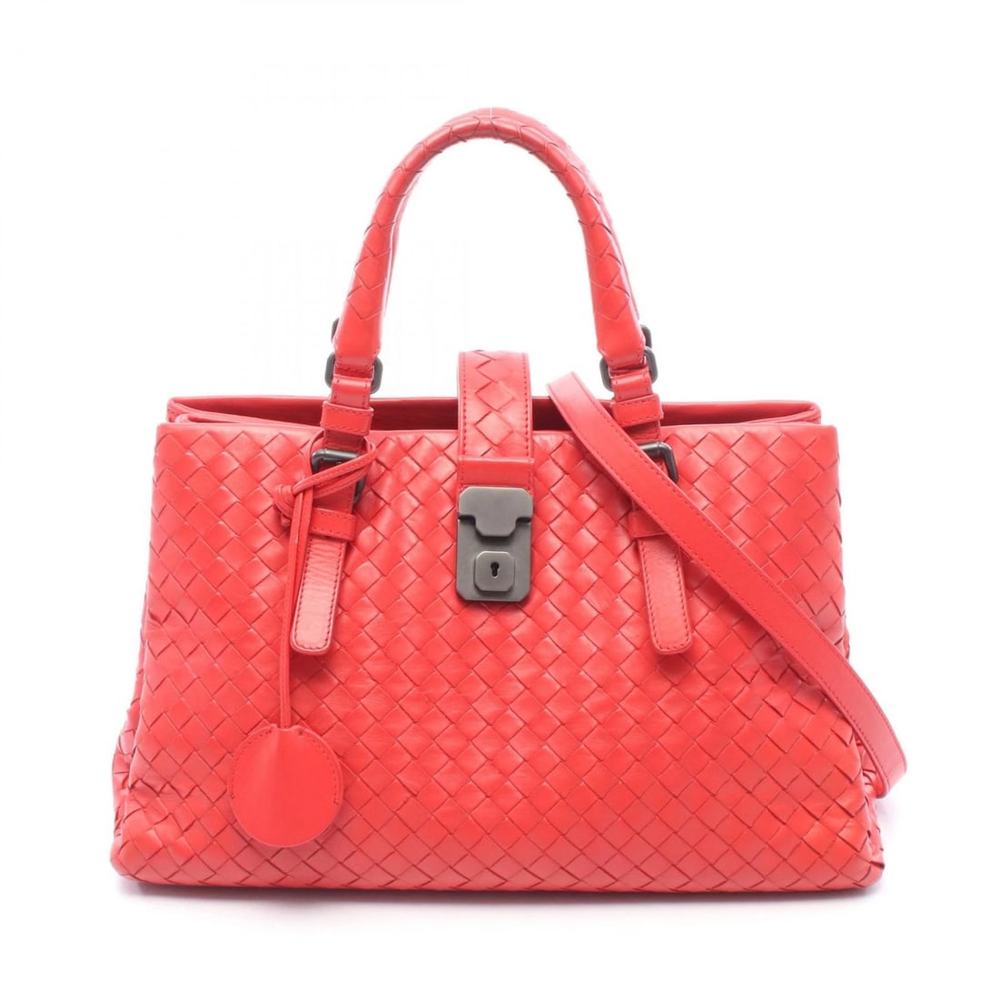 BOTTEGA VENETA INTRECCIATO 2WAY HANDBAG LEATHER: BOTTEGA VENETA Intrecciato 2WAY Handbag leather Brand: BOTTEGA VENETA Type/Style: Handbag Material: Exterior Material leather Color: Exterior Color Red?ish colors Size: (H:7.5" x W:12.6" x D:5.9")