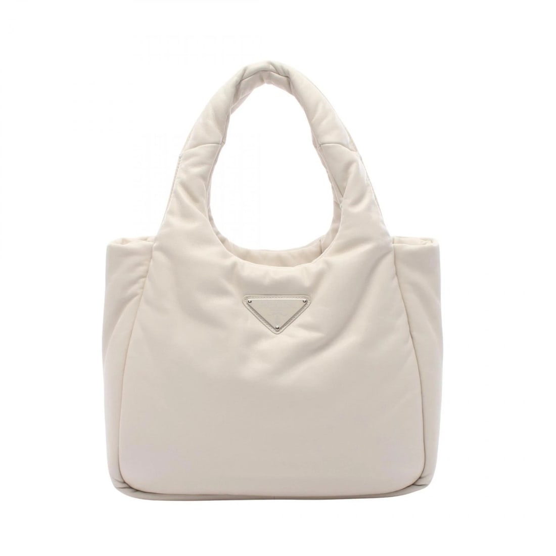 PRADA SOFT PADDED TRIANGLE LOGO TOTE HANDBAG LEATHER: PRADA Soft Padded Triangle logo Tote Handbag leather Brand: PRADA Type/Style: Tote Bag Material: Exterior Material leather Color: Exterior Color White?ish colors Size: (H:9.6" x W:11.8" x D:3.5")