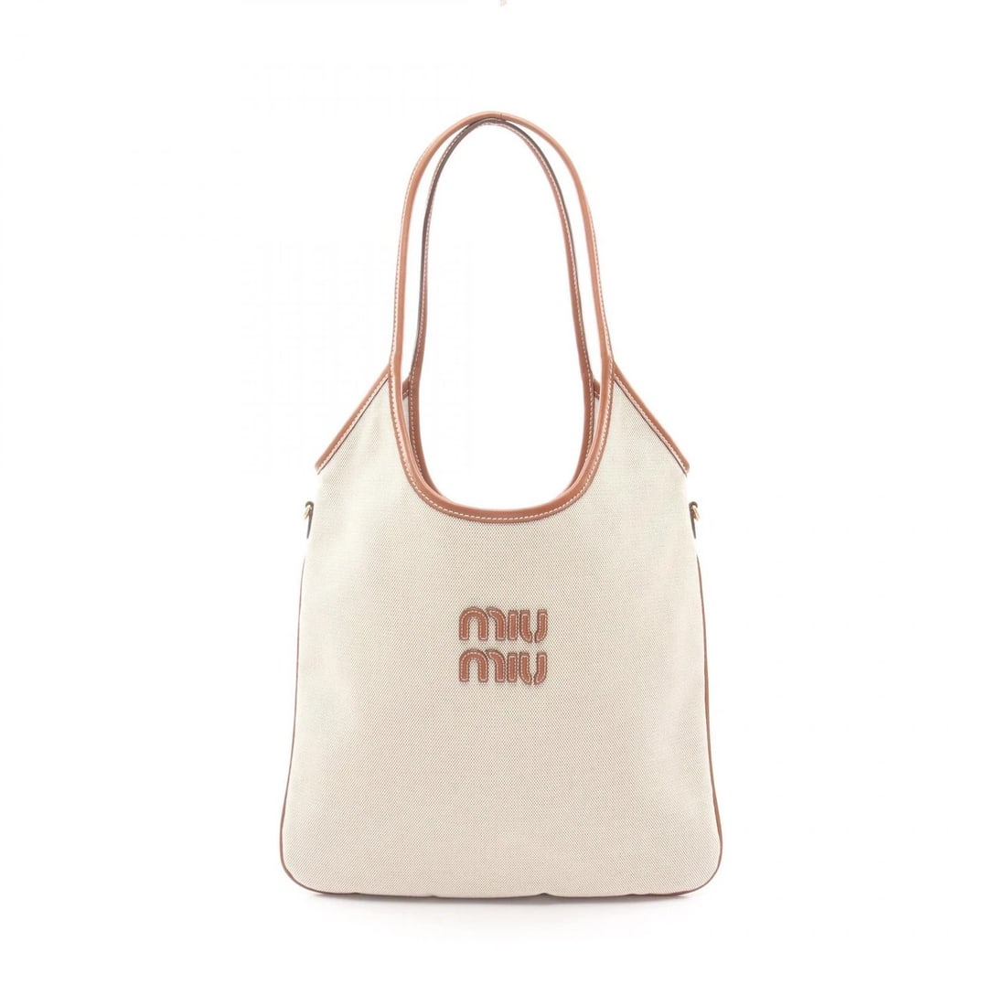 MIU MIU CANVAS TOTE BAG CANVAS LEATHER BEIGE: Miu Miu CANVAS Tote Bag canvas leather Beige Brand: Miu Miu Type/Style: Tote Bag Material: Exterior Material canvas and leather Color: Exterior Color Beige?ish colors and Brown?ish colors Size: (H:12.