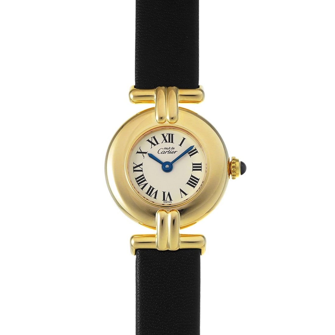 CARTIER MUST COLISEE VERMEIL IVORY WATCH: CARTIER Must Colisee Vermeil Ivory Watch Brand: CARTIER Type/Style: Wristwatch Material: Band Material leather, Case Material Vermeille Color: Dial Color Ivory Size: ?Case? H/About 24mm W/About 24mm D