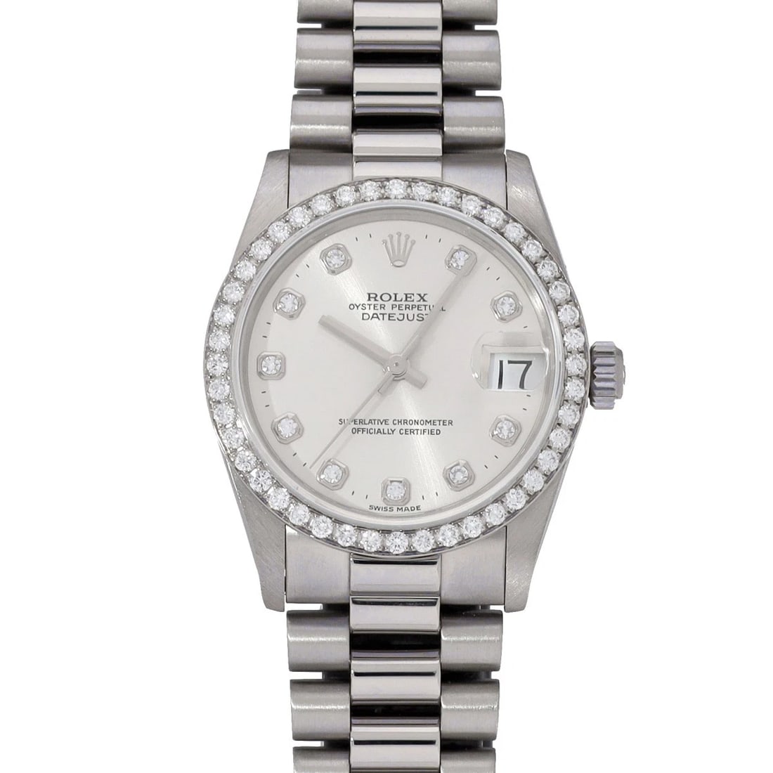 ROLEX DATEJUST SILVER/DIAMOND WATCH: ROLEX Datejust Silver/diamond Watch Brand: ROLEX Type/Style: Wristwatch Material: Band Material White gold, Case Material White gold Color: Dial Color Silver/diamond Size: ?Case? H/About 31mm W/About 