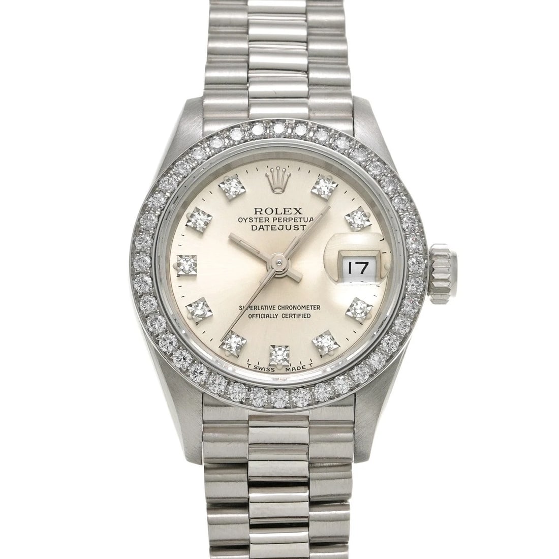 ROLEX DATEJUST SILVER/DIAMOND WATCH: ROLEX Datejust Silver/diamond Watch Brand: ROLEX Type/Style: Wristwatch Material: Band Material Platinum, Case Material Platinum Color: Dial Color Silver/diamond Size: ?Case? H/About 26mm W/About 26mm