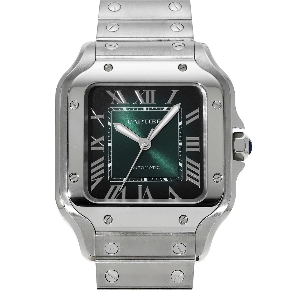 CARTIER SANTOS GREEN GRADIENT WATCH: CARTIER Santos Green Gradient Watch Brand: CARTIER Type/Style: Wristwatch Material: Band Material Stainless steel, Case Material Stainless steel Color: Dial Color Green Gradient Size: ?Case? H/About 4