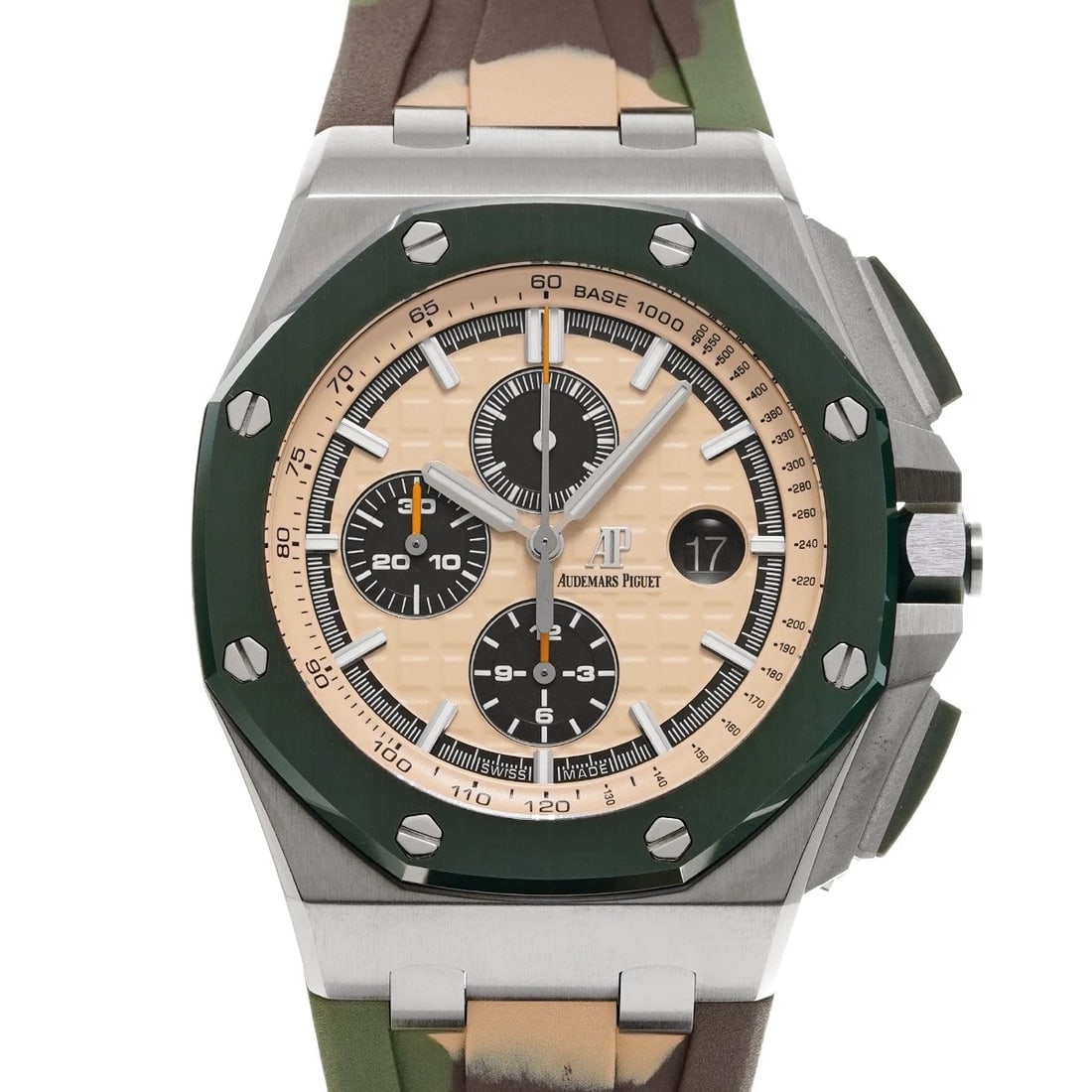 AUDEMARS PIGUET ROYAL OAK CHRONOGRAPH BEIGE WATCH: AUDEMARS PIGUET Royal Oak Chronograph beige Watch Brand: AUDEMARS PIGUET Type/Style: Wristwatch Material: Band Material rubber, Case Material Stainless steel Color: Dial Color beige Size: ?Case? H/Abo