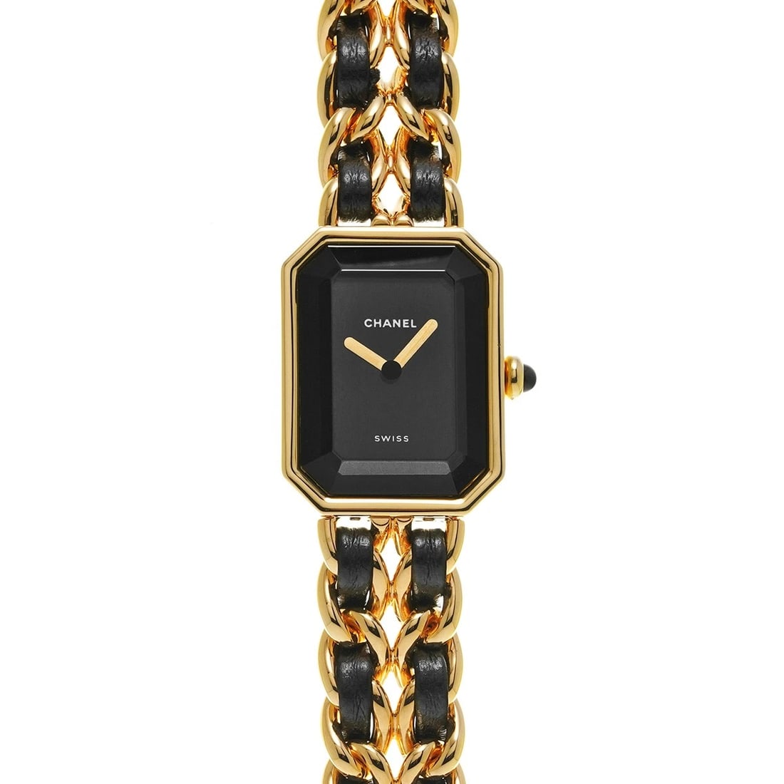 CHANEL PREMIRE BLACK WATCH: CHANEL Premire black Watch Brand: CHANEL Type/Style: Wristwatch Material: Band Material Yellow gold plated/leather, Case Material Yellow gold plated Color: Dial Color black Size: ?Case? H/About 26mm W