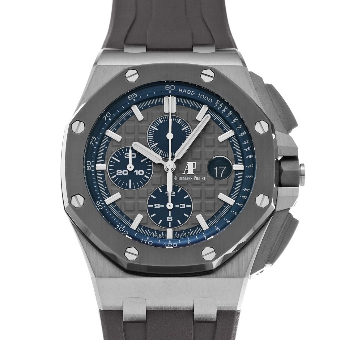 AUDEMARS PIGUET ROYAL OAK CHRONOGRAPH GRAY/BLUE WATCH: AUDEMARS PIGUET Royal Oak Chronograph gray/blue Watch Brand: AUDEMARS PIGUET Type/Style: Wristwatch Material: Band Material rubber, Case Material titanium Color: Dial Color gray/blue Size: ?Case? H/Ab