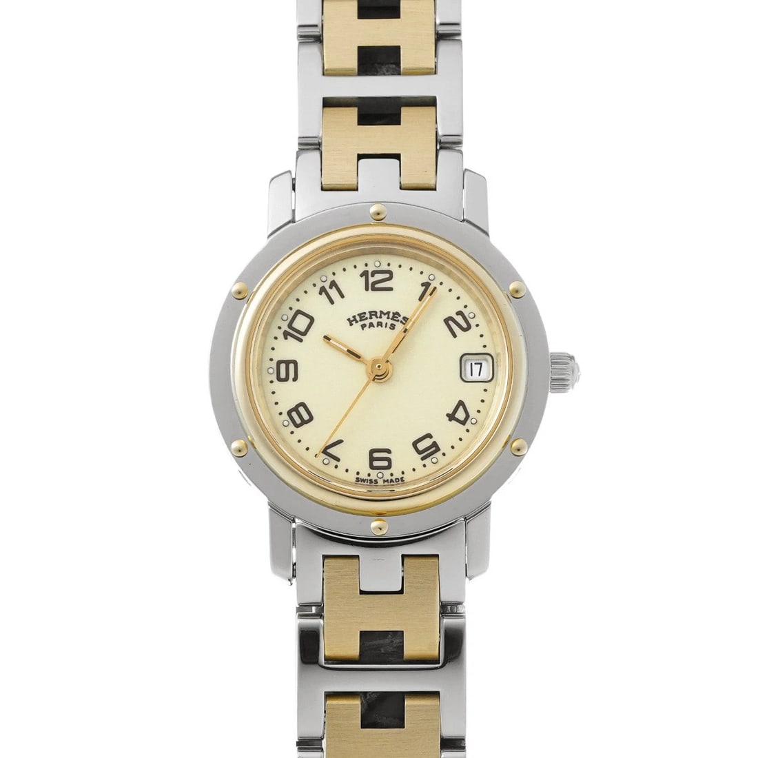 HERMES CLIPPER IVORY WATCH: HERMES Clipper Ivory Watch Brand: HERMES Type/Style: Wristwatch Material: Band Material Stainless steel/Yellow gold plated, Case Material Stainless steel Color: Dial Color Ivory Size: ?Case? H/About 2