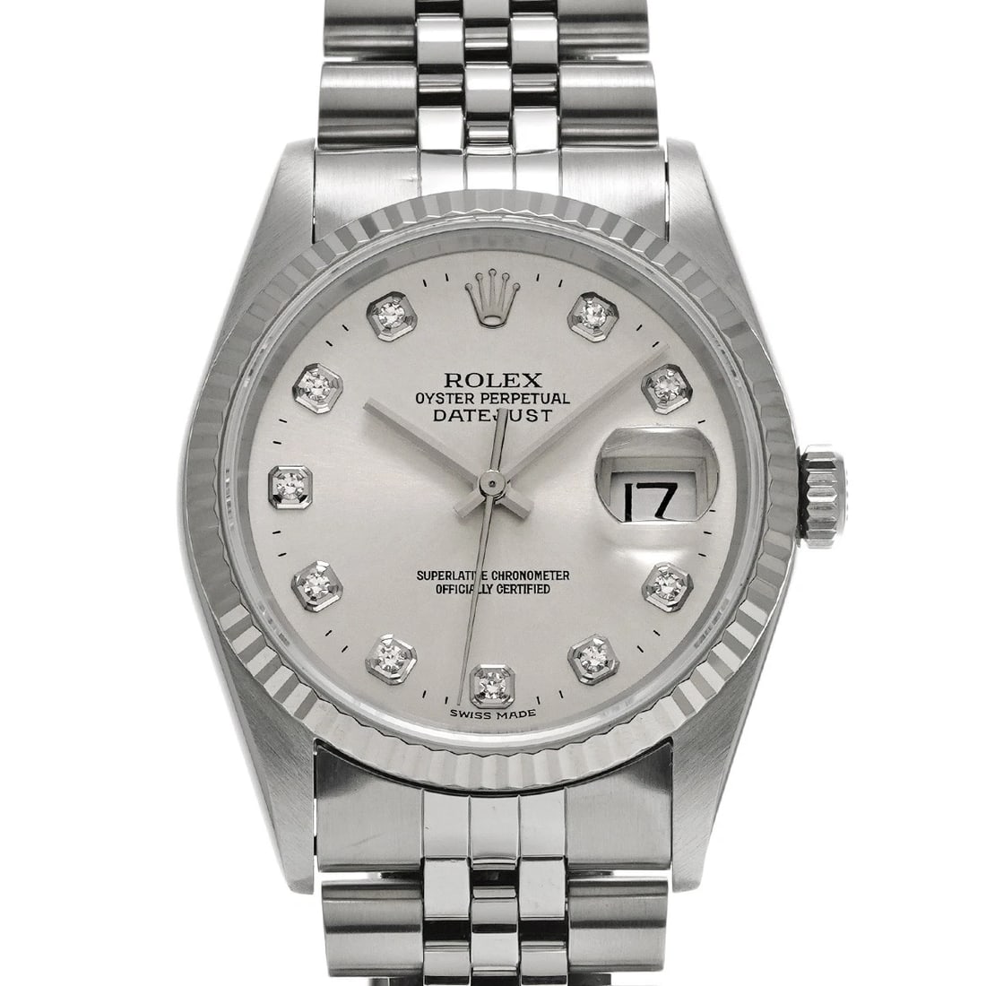 ROLEX DATEJUST SILVER/DIAMOND WATCH: ROLEX Datejust Silver/diamond Watch Brand: ROLEX Type/Style: Wristwatch Material: Band Material Stainless steel, Case Material Stainless steel Color: Dial Color Silver/diamond Size: ?Case? H/About 36m