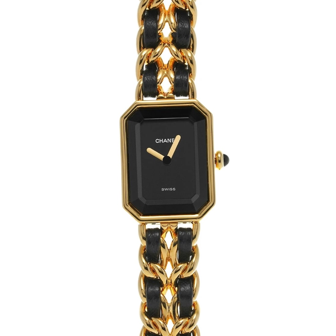 CHANEL PREMIRE BLACK WATCH: CHANEL Premire black Watch Brand: CHANEL Type/Style: Wristwatch Material: Band Material Yellow gold plated/leather, Case Material Yellow gold plated Color: Dial Color black Size: ?Case? H/About 26mm W