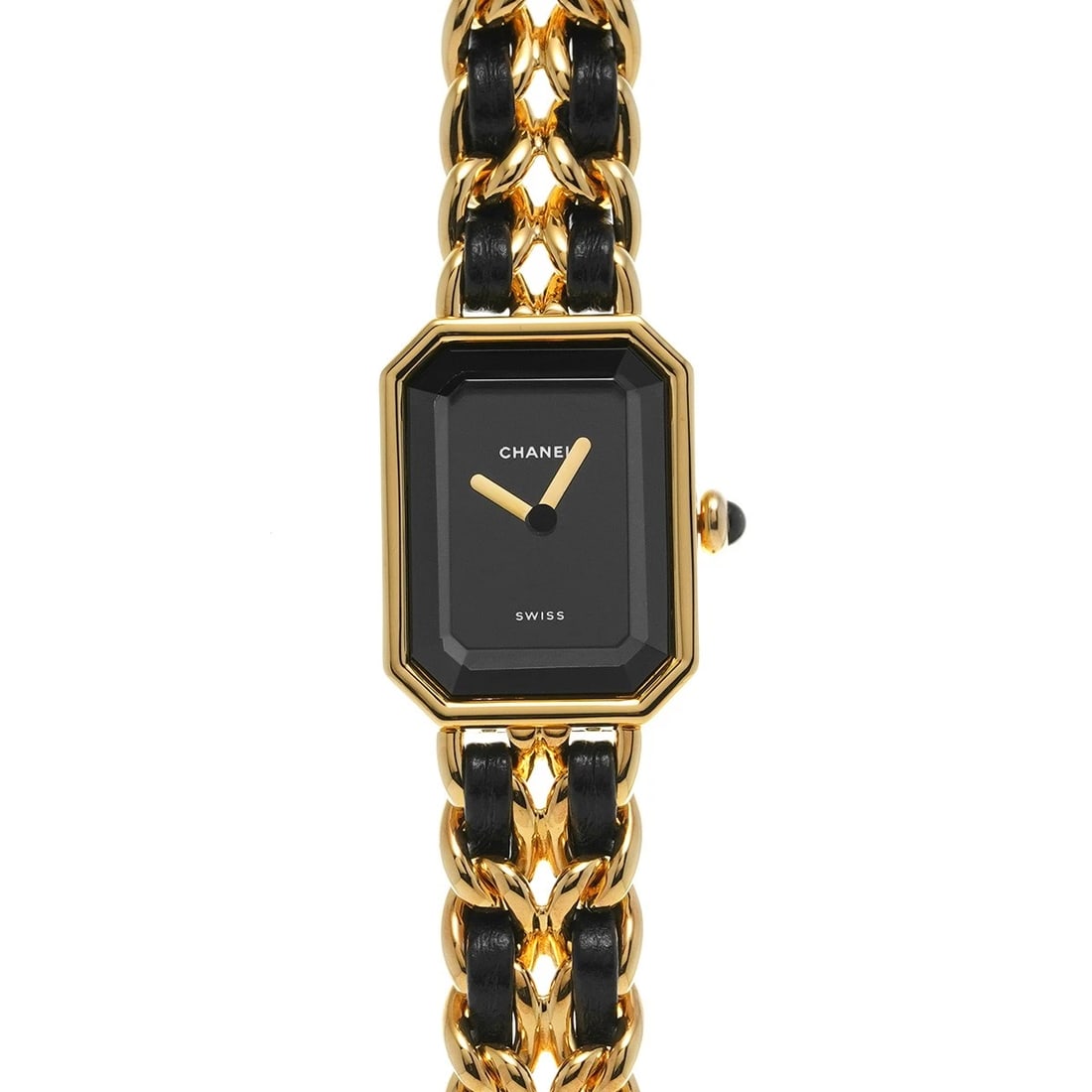 CHANEL PREMIRE BLACK WATCH: CHANEL Premire black Watch Brand: CHANEL Type/Style: Wristwatch Material: Band Material Yellow gold plated/leather, Case Material Yellow gold plated Color: Dial Color black Size: ?Case? H/About 26mm W
