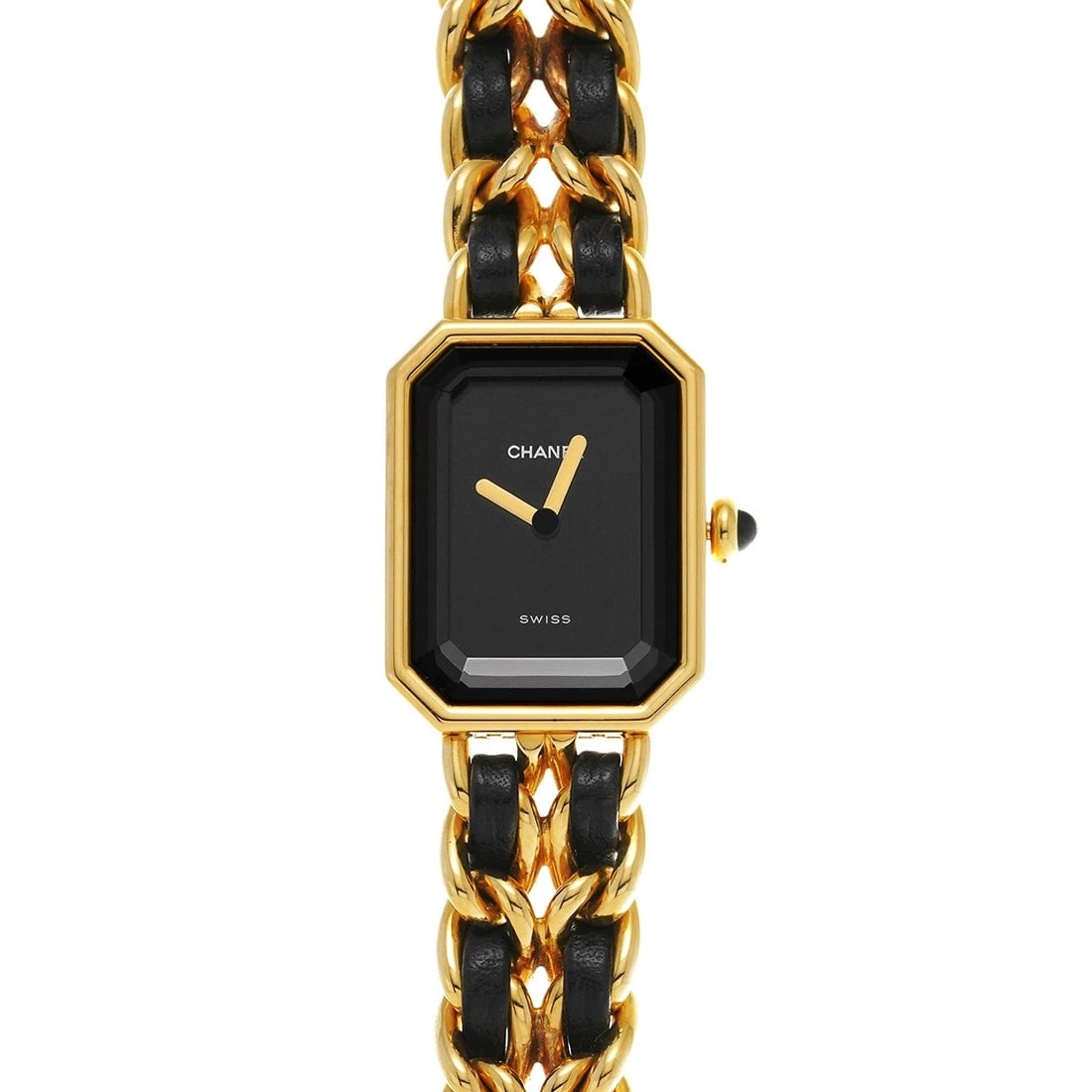CHANEL PREMIRE BLACK WATCH: CHANEL Premire black Watch Brand: CHANEL Type/Style: Wristwatch Material: Band Material Yellow gold plated/leather, Case Material Yellow gold plated Color: Dial Color black Size: ?Case? H/About 26mm W