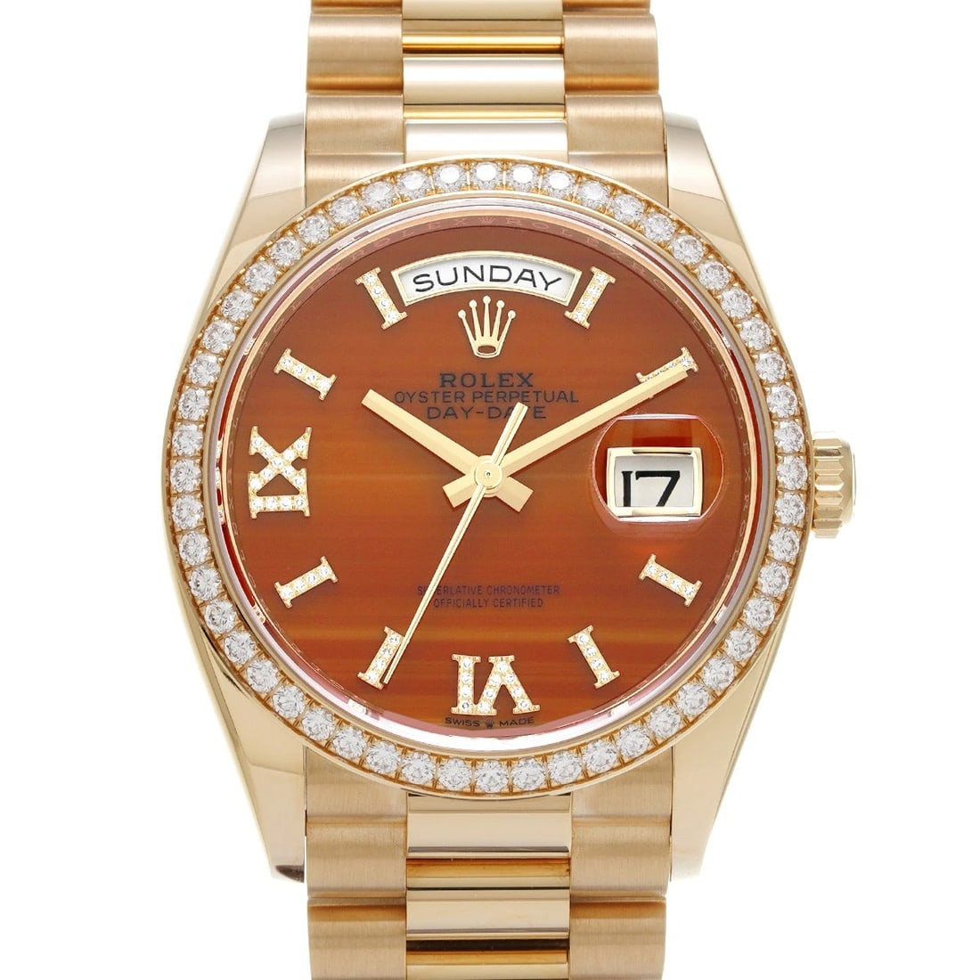 ROLEX DATE CARNELIAN/DIAMOND WATCH: ROLEX Date Carnelian/diamond Watch Brand: ROLEX Type/Style: Wristwatch Material: Band Material Yellow Gold, Case Material Yellow Gold Color: Dial Color Carnelian/diamond Size: ?Case? H/About 36mm W/Ab