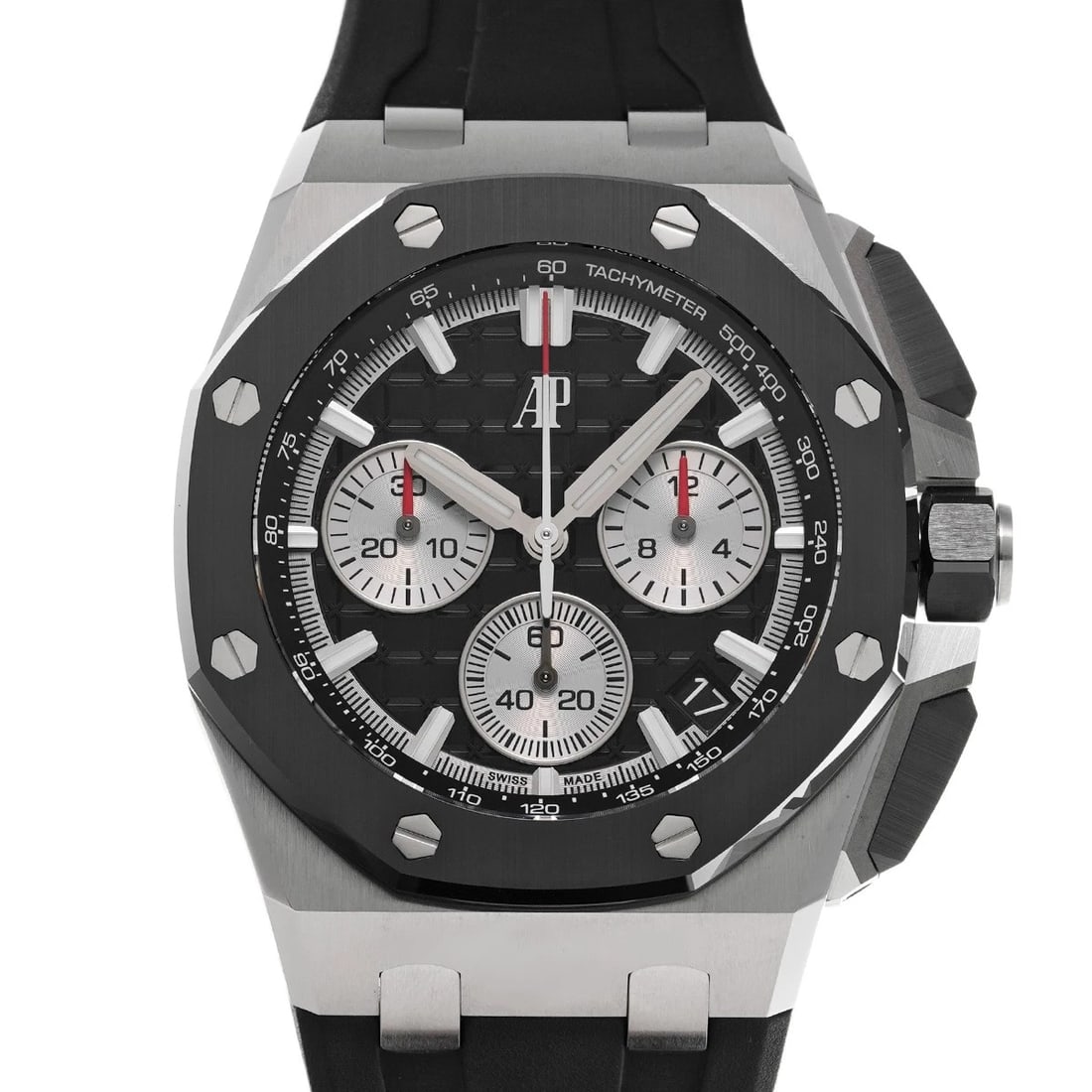 AUDEMARS PIGUET ROYAL OAK CHRONOGRAPH BLACK WATCH: AUDEMARS PIGUET Royal Oak Chronograph black Watch Brand: AUDEMARS PIGUET Type/Style: Wristwatch Material: Band Material rubber, Case Material Stainless steel Color: Dial Color black/Rhodium Size: ?Cas