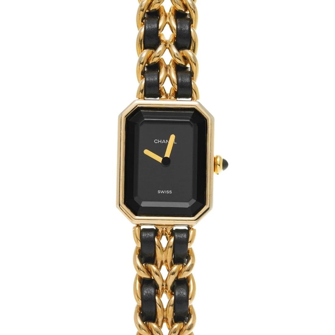 CHANEL PREMIRE BLACK WATCH: CHANEL Premire black Watch Brand: CHANEL Type/Style: Wristwatch Material: Band Material Yellow gold plated/leather, Case Material Yellow gold plated Color: Dial Color black Size: ?Case? H/About 26mm W