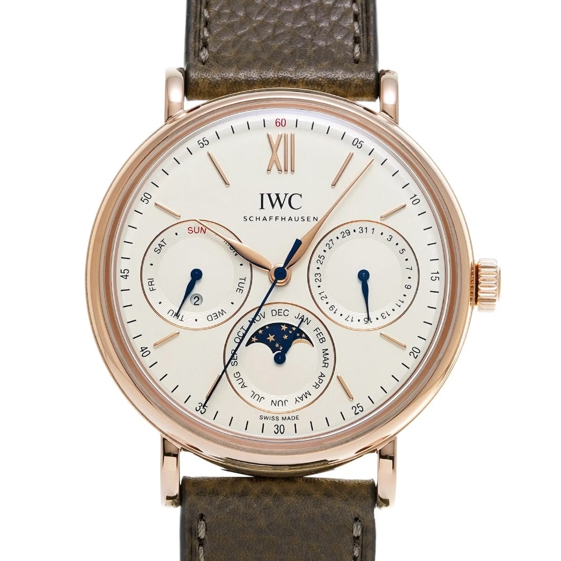 IWC PORTOFINO PERPETUAL SILVER PLATING WATCH: IWC Portofino Perpetual Silver plating Watch Brand: IWC Type/Style: Wristwatch Material: Band Material leather, Case Material Red gold Color: Dial Color Silver plating Size: ?Case? H/About 40mm W/Abou