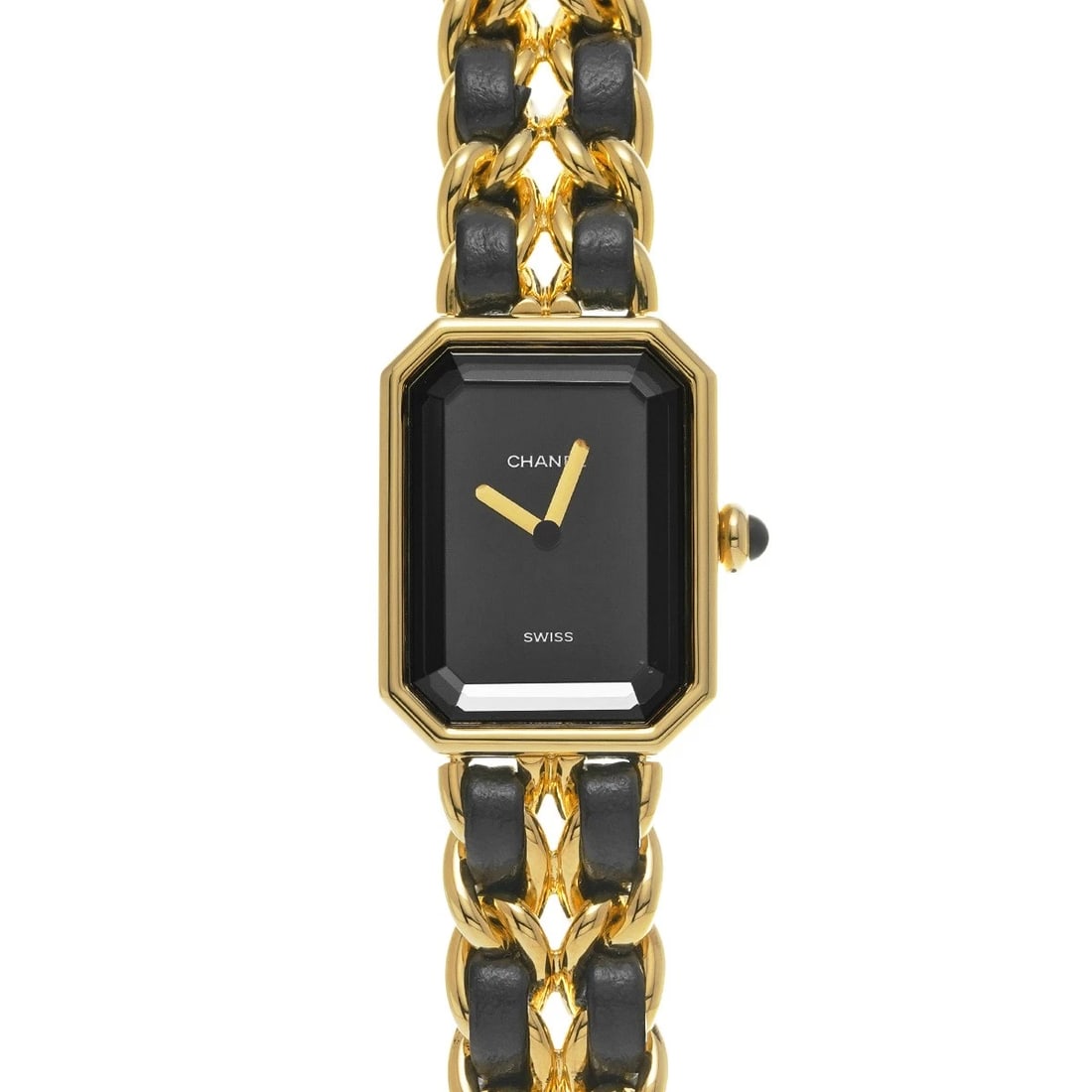 CHANEL PREMIRE BLACK WATCH: CHANEL Premire black Watch Brand: CHANEL Type/Style: Wristwatch Material: Band Material Yellow gold plated/leather, Case Material Yellow gold plated Color: Dial Color black Size: ?Case? H/About 26mm W