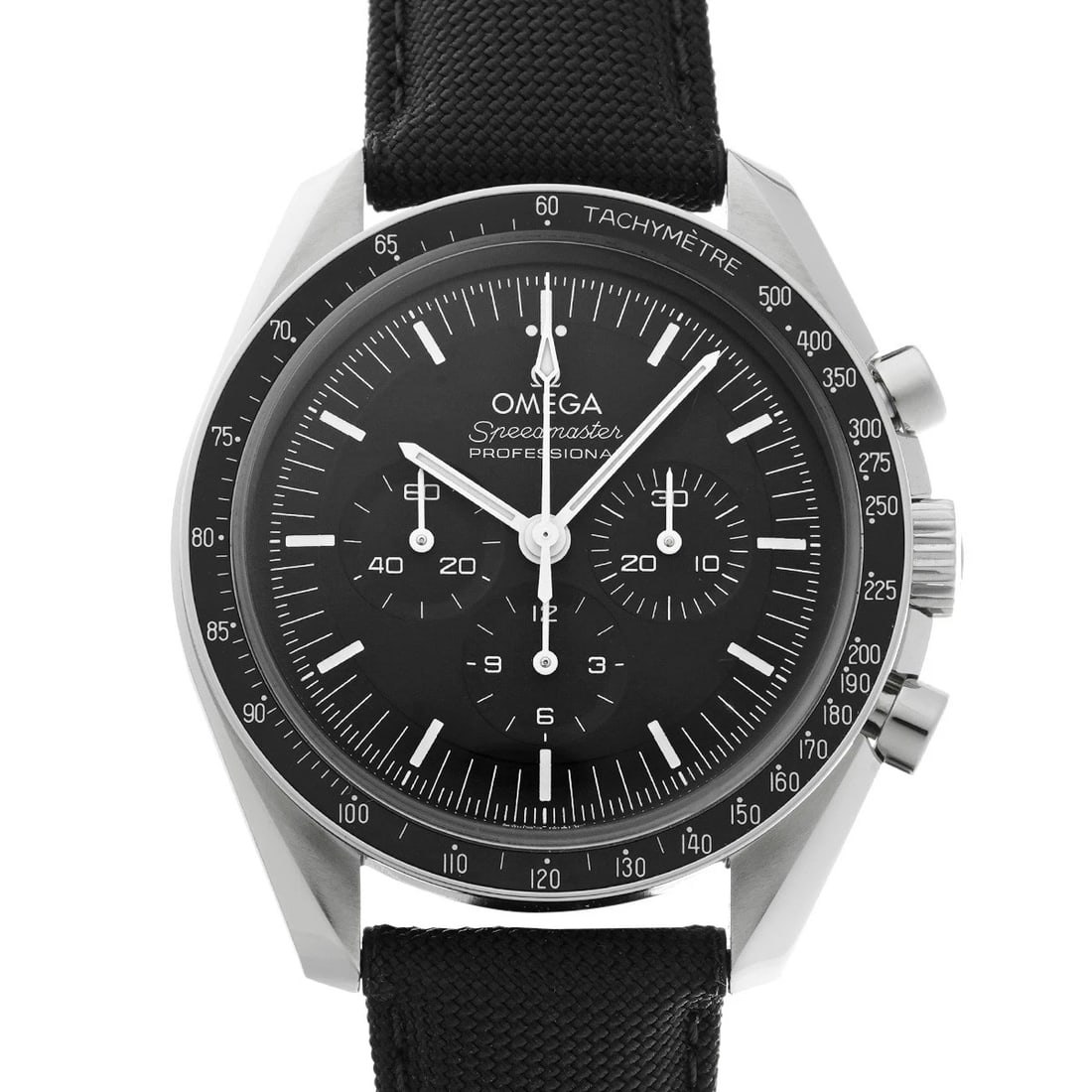 OMEGA SPEEDMASTER MOONWATCH PROFESSIONAL CO-AXIAL CHRONOMETER WATCH: OMEGA Speedmaster MoonWatch Professional Co-axial Chronometer Watch Brand: OMEGA Type/Style: Wristwatch Material: Band Material fabric, Case Material Stainless steel Color: Dial Color black Size: ?Cas