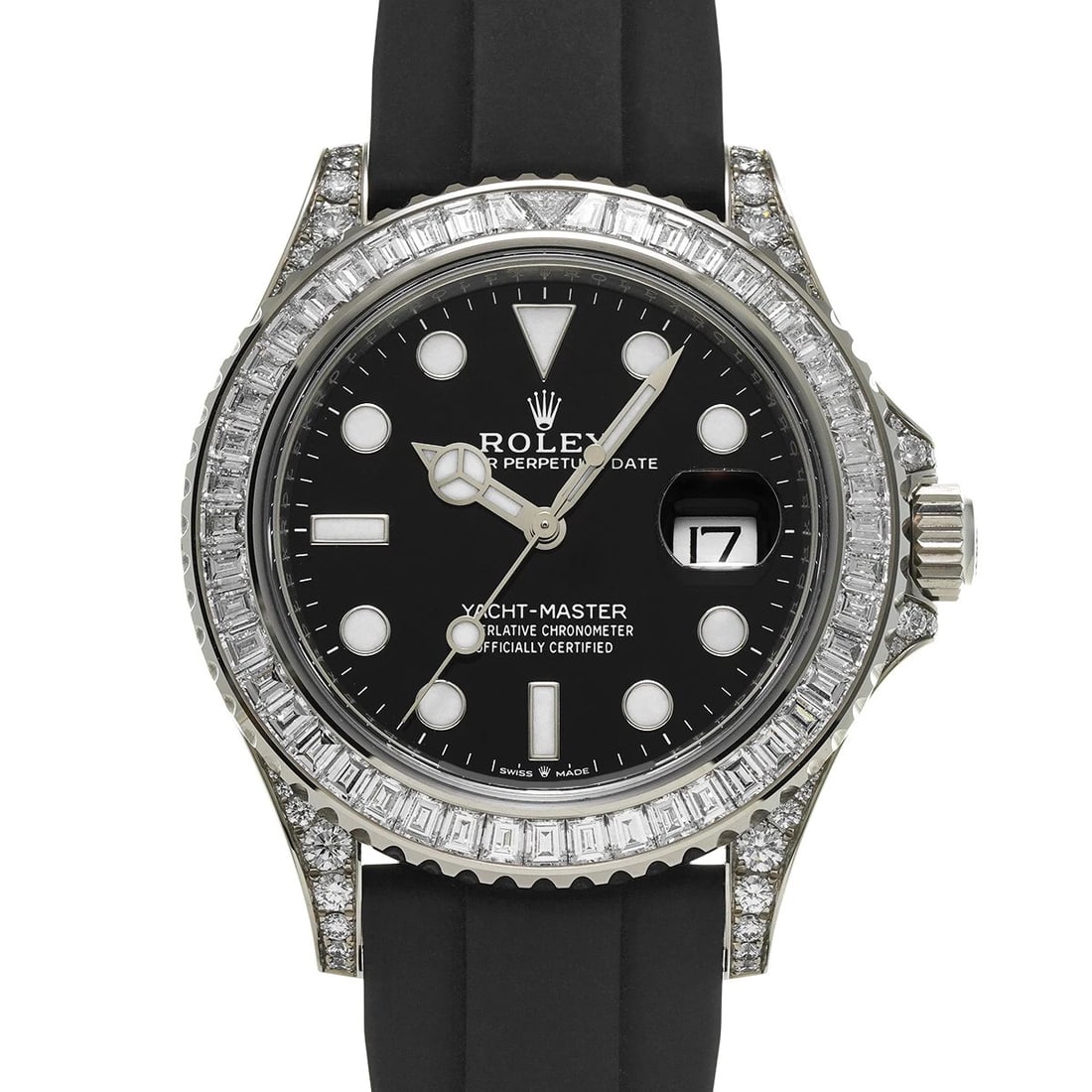 ROLEX YACHT MASTER BLACK WATCH: ROLEX Yacht Master black Watch Brand: ROLEX Type/Style: Wristwatch Material: Band Material rubber, Case Material White gold/diamond Color: Dial Color black Size: ?Case? H/About 42mm W/About 42mm