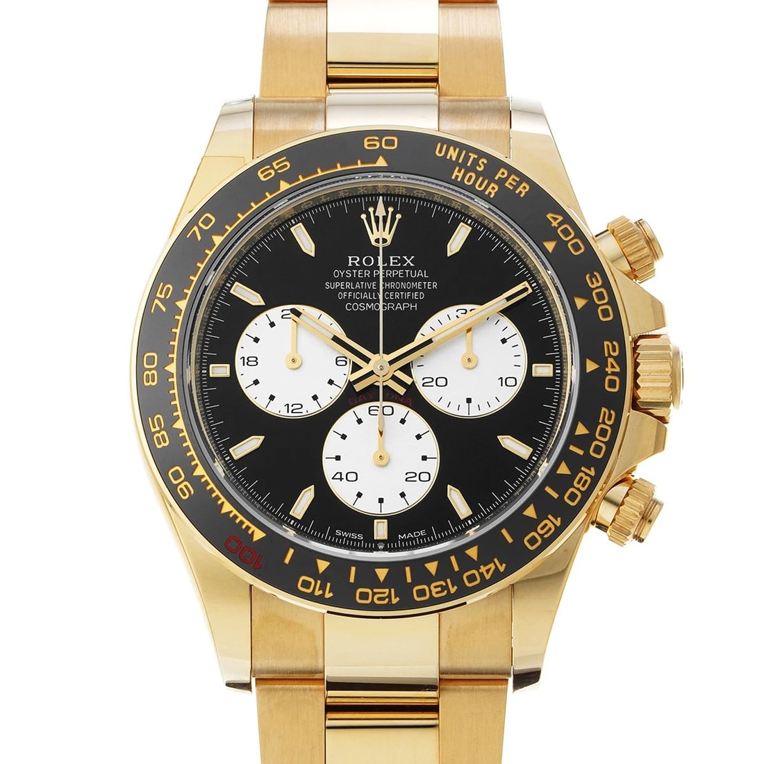 ROLEX COSMOGRAPH BLACK/SILVER WATCH: ROLEX Cosmograph black/Silver Watch Brand: ROLEX Type/Style: Wristwatch Material: Band Material Yellow Gold, Case Material Yellow Gold Color: Dial Color black/Silver Size: ?Case? H/About 40mm W/About