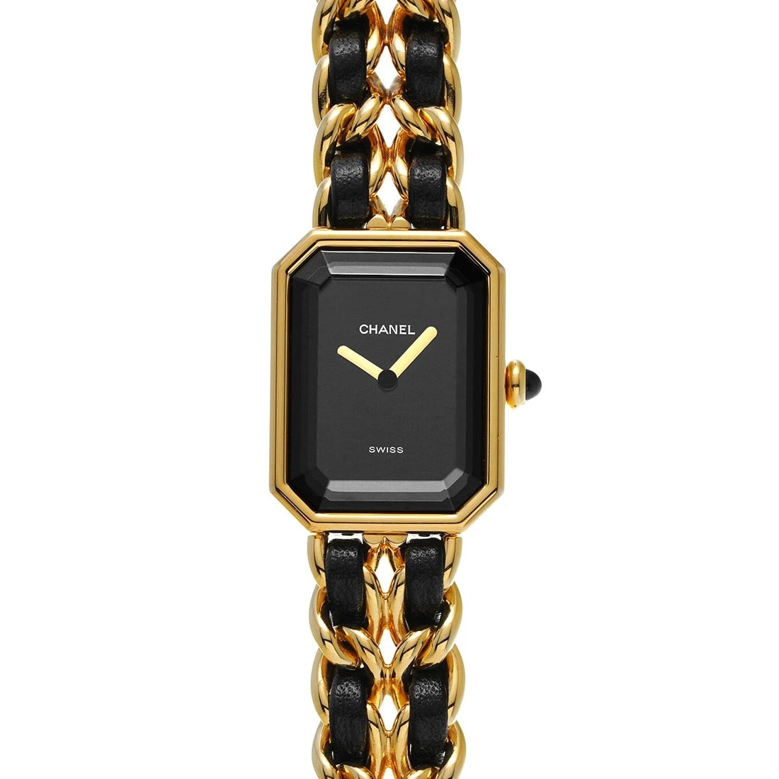 CHANEL PREMIRE BLACK WATCH: CHANEL Premire black Watch Brand: CHANEL Type/Style: Wristwatch Material: Band Material Yellow gold plated/leather, Case Material Yellow gold plated Color: Dial Color black Size: ?Case? H/About 26mm