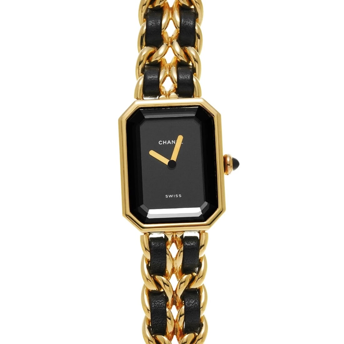 CHANEL PREMIRE BLACK WATCH: CHANEL Premire black Watch Brand: CHANEL Type/Style: Wristwatch Material: Band Material Yellow gold plated/leather, Case Material Yellow gold plated Color: Dial Color black Size: ?Case? H/About 26mm