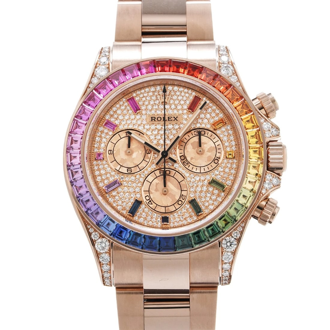 ROLEX COSMOGRAPH DAYTONA PAVE DIAMONDS/PINK GOLD WATCH: ROLEX Cosmograph Daytona Pave diamonds/Pink Gold Watch Brand: ROLEX Type/Style: Wristwatch Material: Band Material Everrose gold, Case Material Everrose gold/diamond Color: Dial Color Pave