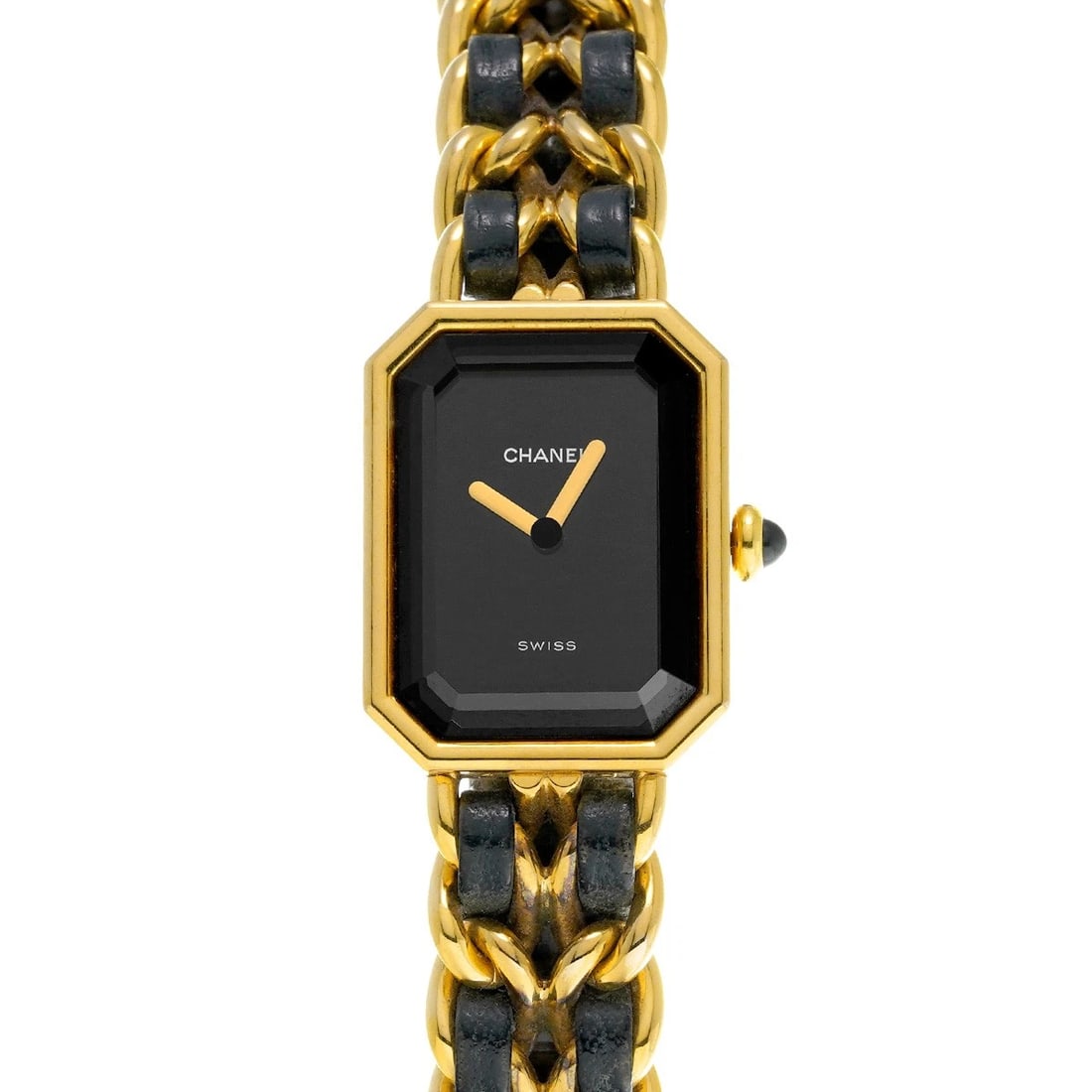 CHANEL PREMIRE BLACK WATCH: CHANEL Premire black Watch Brand: CHANEL Type/Style: Wristwatch Material: Band Material Yellow gold plated/leather, Case Material Yellow gold plated Color: Dial Color black Size: ?Case? H/About 26mm