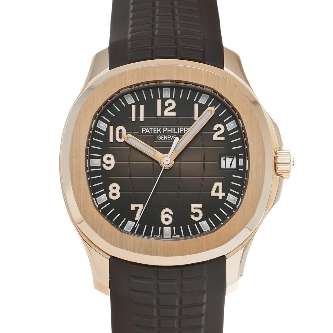 PATEK PHILIPPE AQUANAUT BROWN EMBOSSED WATCH: PATEK PHILIPPE Aquanaut Brown embossed Watch Brand: PATEK PHILIPPE Type/Style: Wristwatch Material: Band Material rubber, Case Material Rose gold Color: Dial Color Brown embossed Size: ?Case? H/About