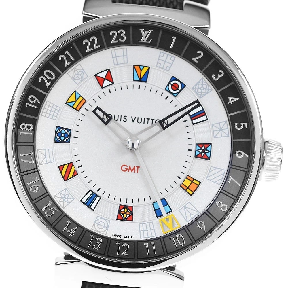 LOUIS VUITTON TAMBOUR MOON DUAL TIME QUARTZ WATCH: LOUIS VUITTON Tambour Moon Dual Time Quartz Watch Brand: LOUIS VUITTON Type/Style: Wristwatch Material: Band Material leather, Case Material Stainless Steel Color: Band Color black, Case Color