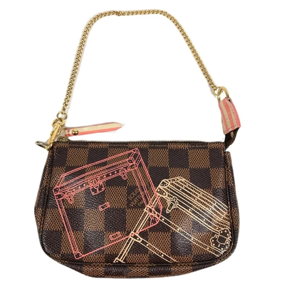 LOUIS VUITTON DAMIER MINI POUCH HAND BAG: LOUIS VUITTON Damier Mini Pouch Hand Bag Brand: Louis Vuitton Type/Style: Hand Bag Material: Damier Canvas Color: Ebene / Brown Size: W5.3?H7.5inch / W13.5cm H19cm Accessories: None Access