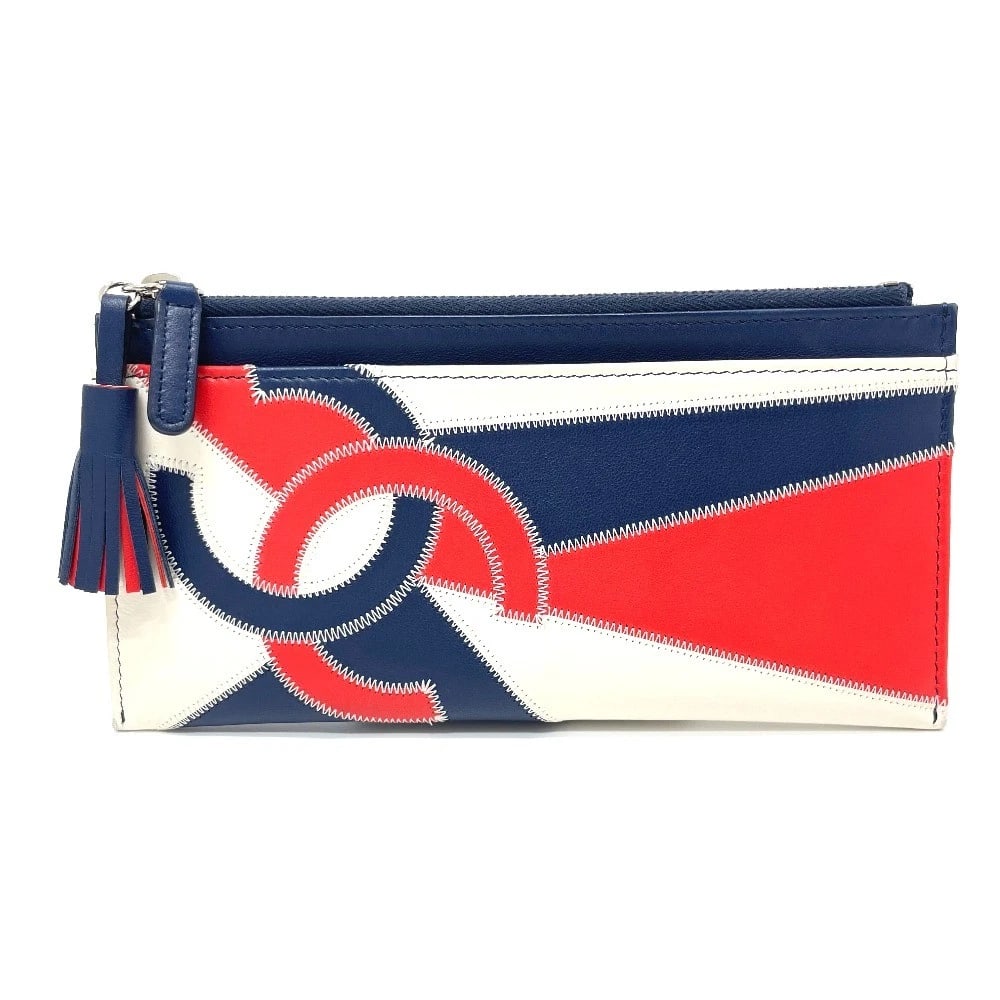CHANEL FRINGE WALLET CARD CASE LAMBSKIN LEATHER: CHANEL Fringe Wallet Card Case Lambskin Leather Brand: CHANEL Type/Style: Card Case Material: Lambskin Leather Color: Blue x White x Red Size: W7.8?H3.9inch / W19.7cm H10cm Accessories: None <