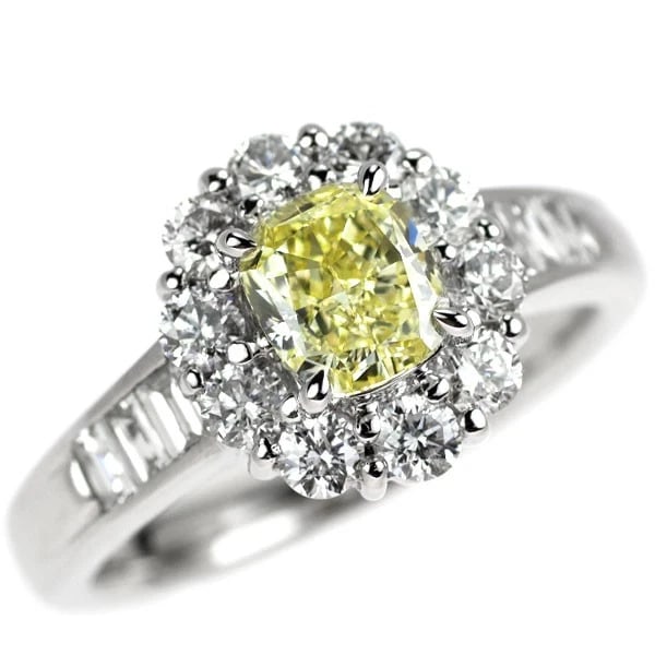 PT900 CUSHION CUT NATURAL YELLOW DIAMOND RING: Pt900 cushion cut natural yellow diamond ring Brand: None Type/Style: Ring Material: Pt900, Main Stone/Creation Natural Color: Silver Size: 7.25US Accessories: None Accessories Notice: Whe