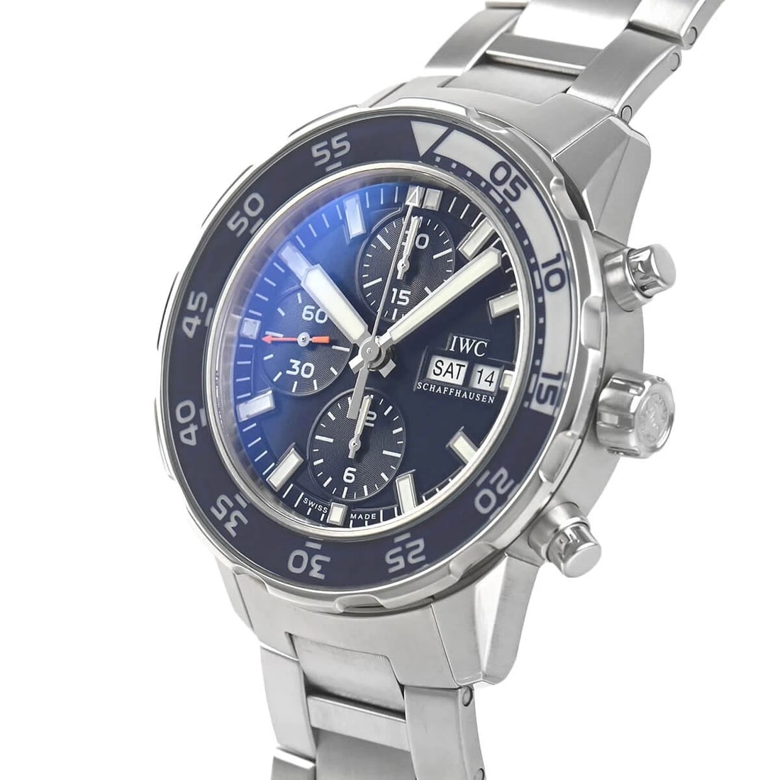 IWC AQUATIMER CHRONO WATCH: IWC Aquatimer Chrono Watch Brand: IWC Type/Style: Wristwatch Material: Case Material stainless Color: Dial Color blue Size: Case Size Case Size: 43.0mm Accessories: None Accessories Notice