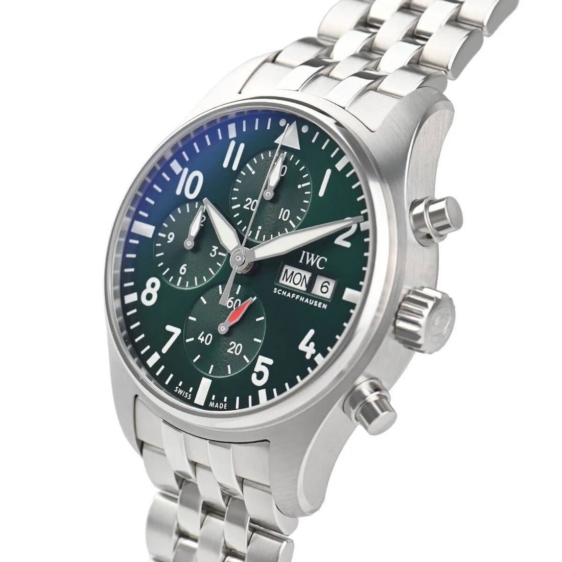 IWC PILOT'S WATCH CHRONOGRAPH WATCH: IWC Pilot's Watch Chronograph Watch Brand: IWC Type/Style: Wristwatch Material: Case Material stainless Color: Dial Color green Size: Case Size Case Size: 41.0mm Accessories: None Accessories Notice: