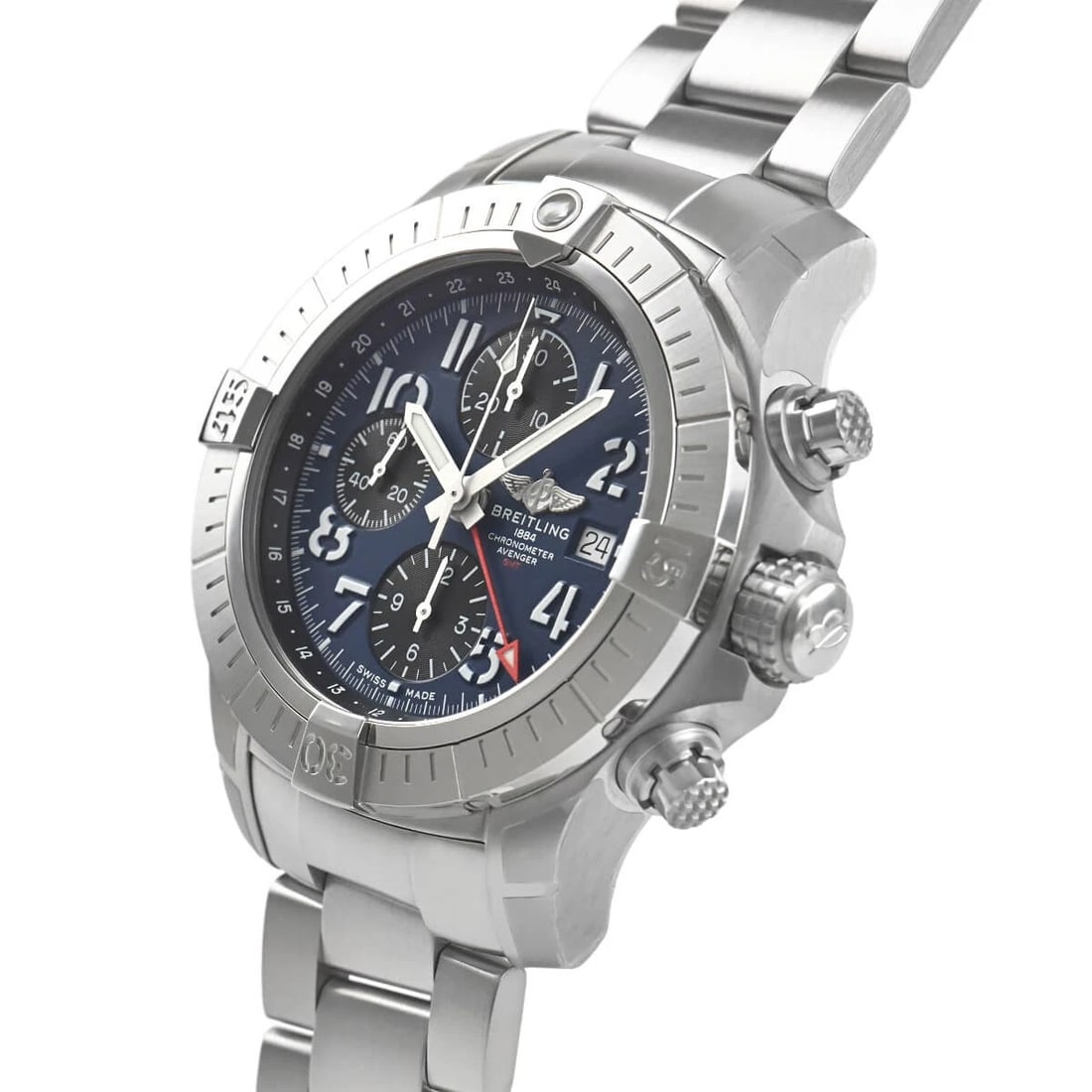 BREITLING AVENGER CHRONOGRAPH GMT 45 WATCH: BREITLING Avenger Chronograph GMT 45 Watch Brand: BREITLING Type/Style: Wristwatch Material: Case Material stainless Color: Dial Color Blue/Black Size: Case Size Case Size: 45.0mm Accessories: None