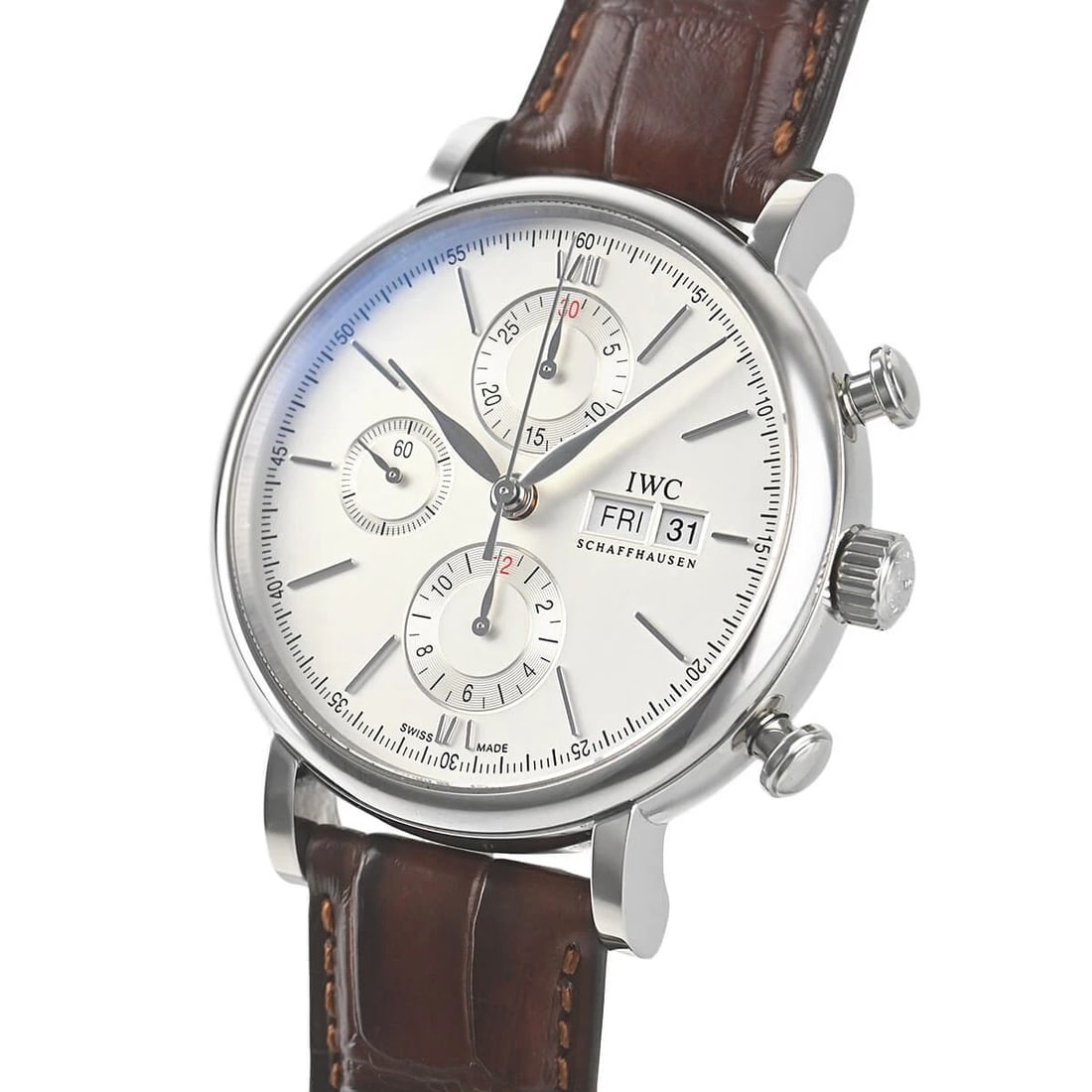 IWC PORTOFINO CHRONOGRAPH WATCH: IWC Portofino Chronograph Watch Brand: IWC Type/Style: Wristwatch Material: Case Material stainless Color: Dial Color Silver Size: Case Size Case Size: 42.0mm Accessories: None Accessories Notice: