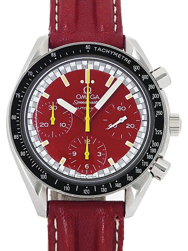 OMEGA SPEEDMASTER SCHUMACHER WATCH: OMEGA Speedmaster Schumacher Watch Brand: OMEGA Type/Style: Wristwatch Material: Case Material Case: Stainless steel Color: Dial Color Red Size: Case Size Case: Approx. 39mm Diameter Wrist Circumferen