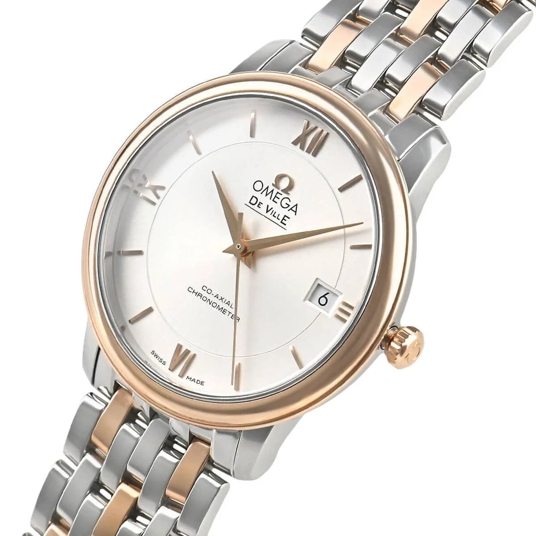 OMEGA DE VILLE PRESTIGE CO-AXIAL WATCH: OMEGA De Ville Prestige Co-Axial Watch Brand: OMEGA Type/Style: Wristwatch Material: Case Material Stainless steel and red gold Color: Dial Color Silver Size: Case Size Case Size: 36.8mm Accessori
