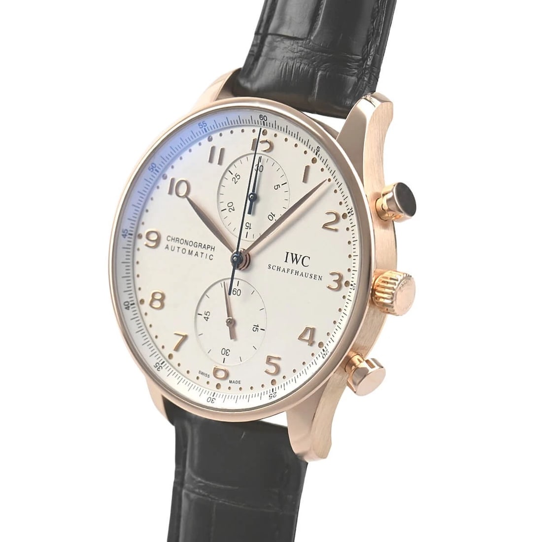 IWC PORTUGUESE CHRONOGRAPH WATCH: IWC Portuguese Chronograph Watch Brand: IWC Type/Style: Wristwatch Material: Case Material Red gold Color: Dial Color Silver Size: Case Size Case Size: 40.9mm Accessories: None Accessories