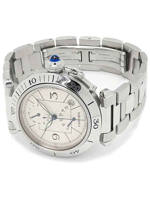 CARTIER PASHA GMT TIME ZONE WATCH: Cartier Pasha GMT Time Zone Watch Brand: Cartier Type/Style: Wristwatch Material: Case Material stainless Color: Dial Color Silver Size: Case Size Case: Approx. 38mm Diameter Wrist Size: Max. Approx.