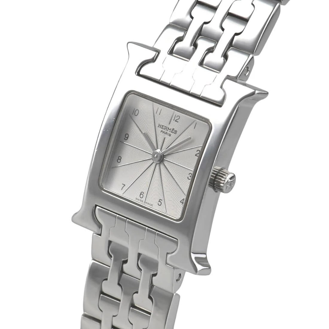 HERMES H-WATCH: HERMES H-Watch Brand: HERMES Type/Style: Wristwatch Material: Case Material stainless Color: Dial Color white Size: Case Size Case Size: 29.9 x 21.2 mm Accessories: None Accessories Notice: When